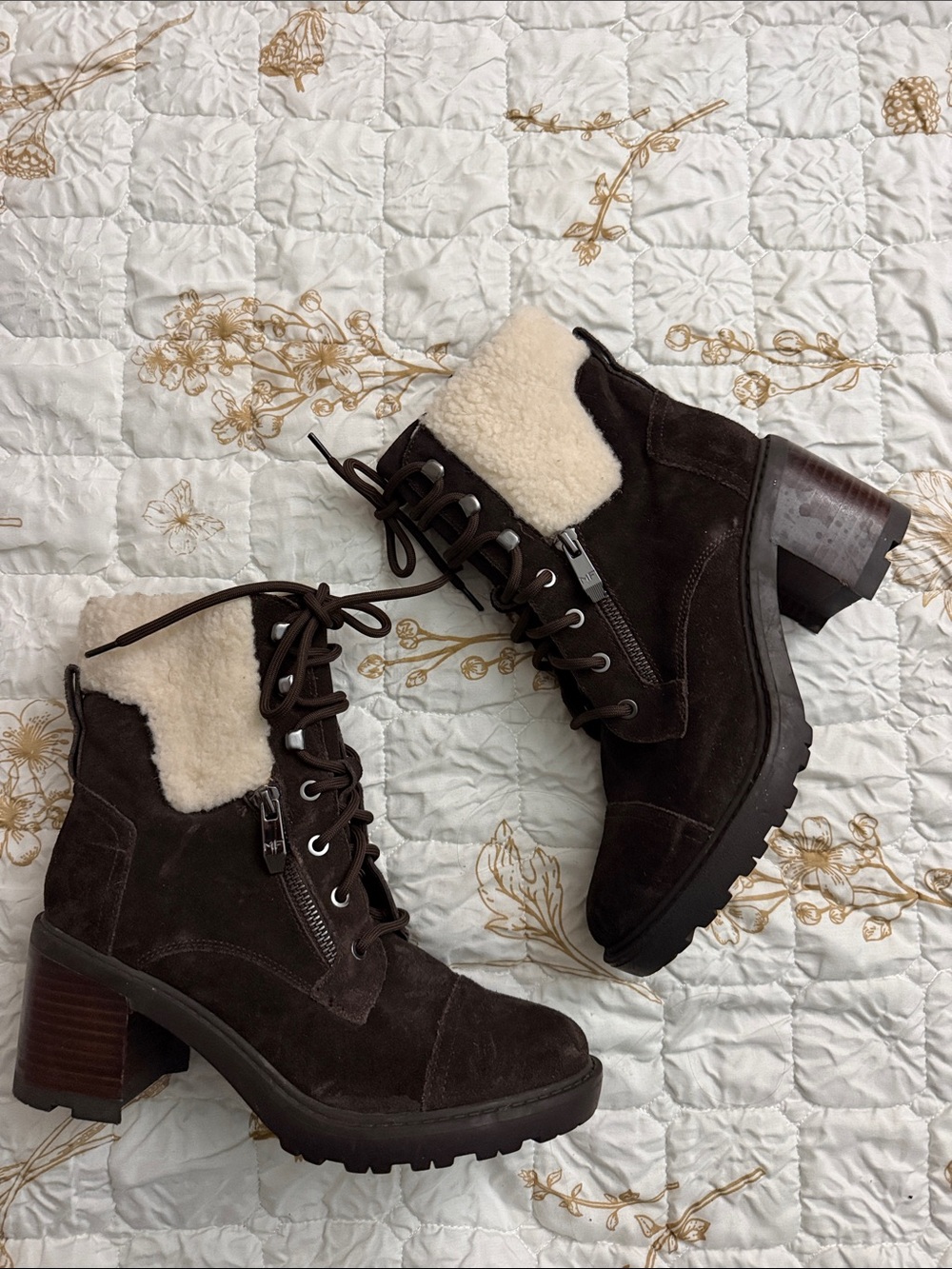 Marc Fisher Dark Brown Suede Lace-Up Shearling Ankle Boots